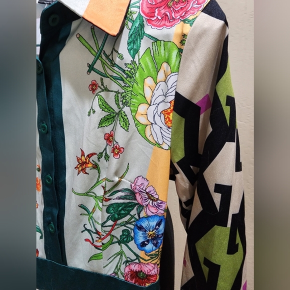 Lai Meng Five Cats Floral Collar button L/S Dress 2 NWOT - Picture 3 of 6